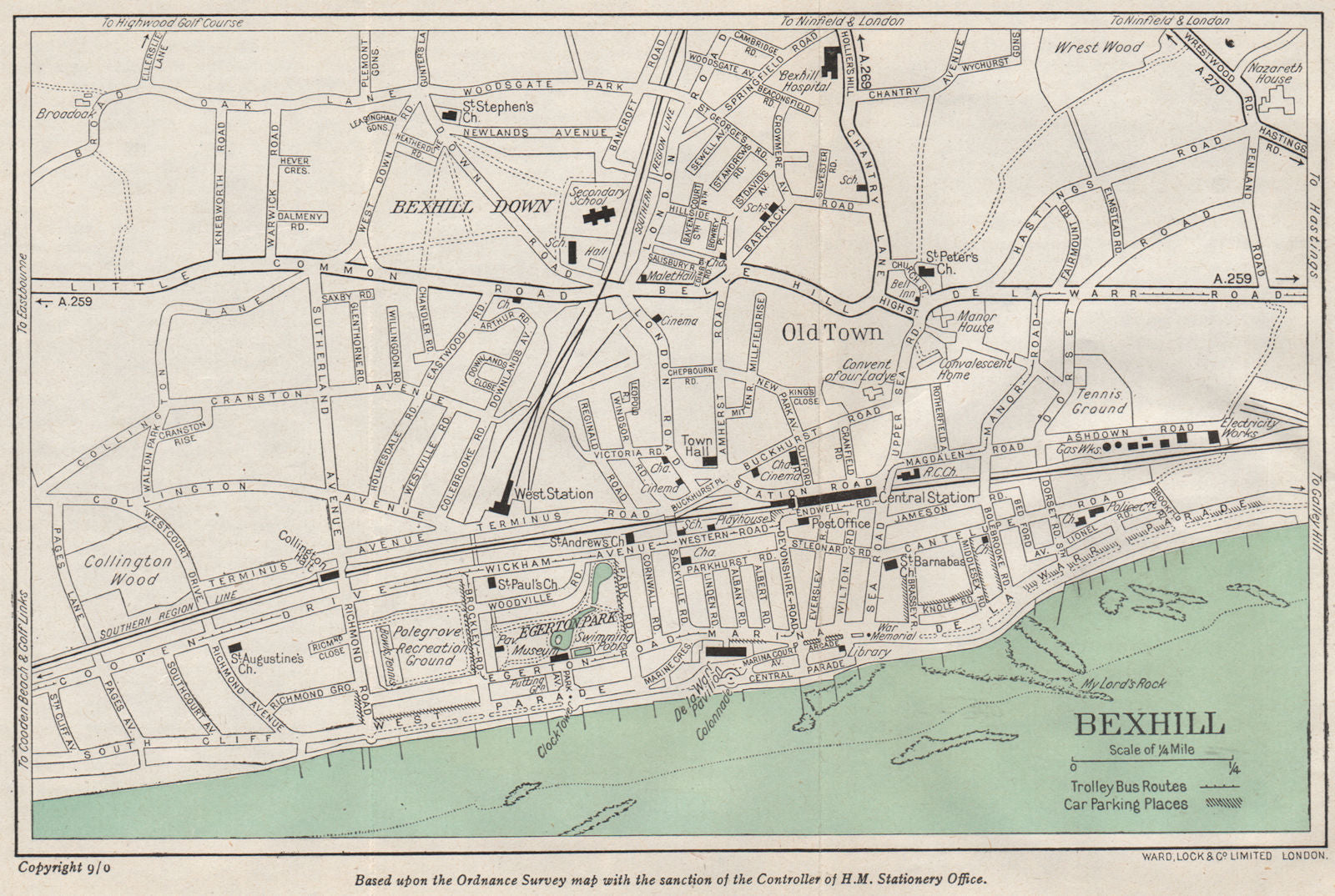 BEXHILL vintage town/city plan. Sussex. WARD LOCK 1950 old vintage map chart